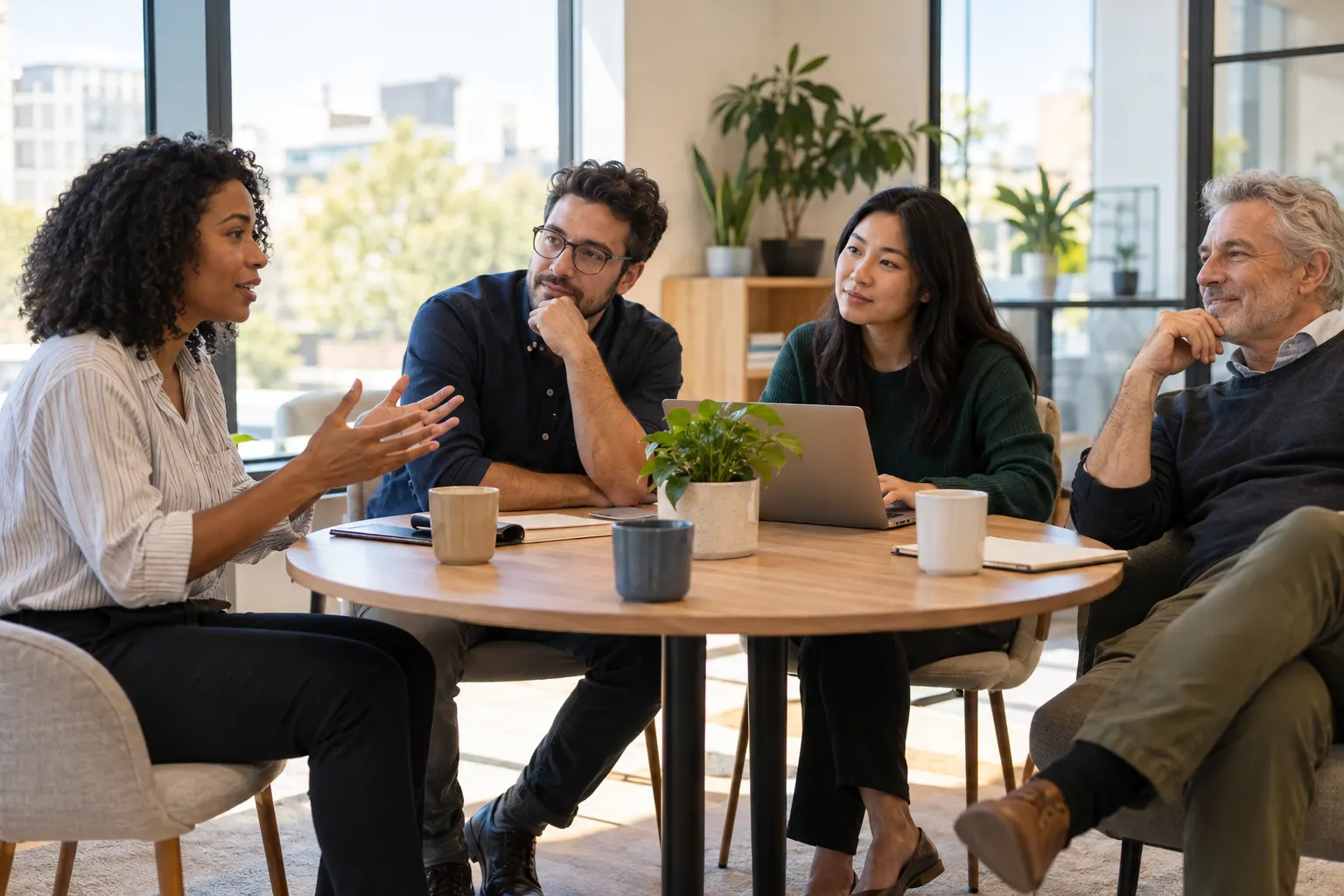 Four coworkers at a round table: one explains with her hands while the others listen, one typing on a laptop