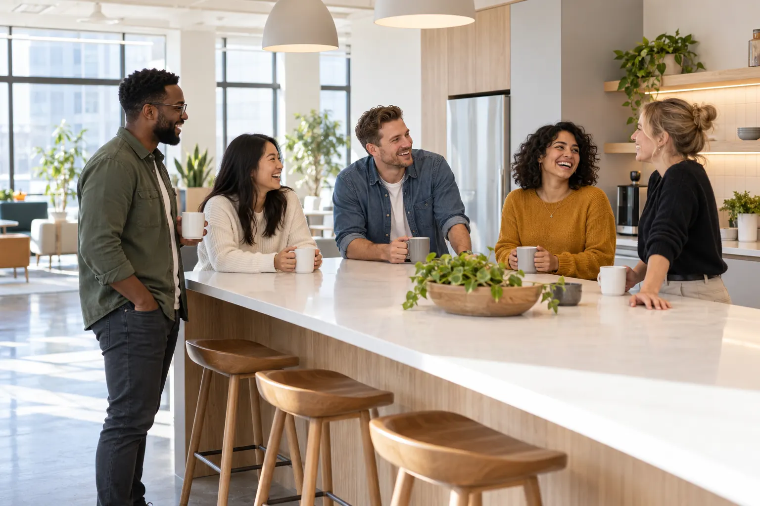 Five coworkers with coffee mugs laugh together around a kitchen island in a bright, plant-filled office.