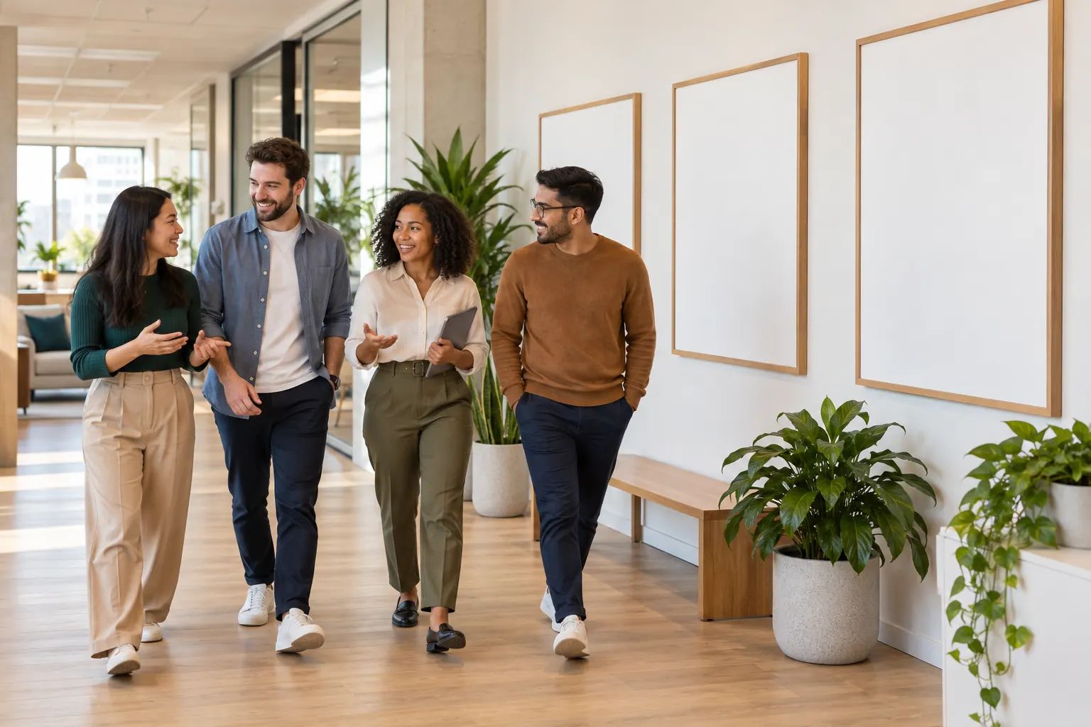 Four coworkers chat as they walk down a sunny office hallway past empty wooden frames and potted plants.