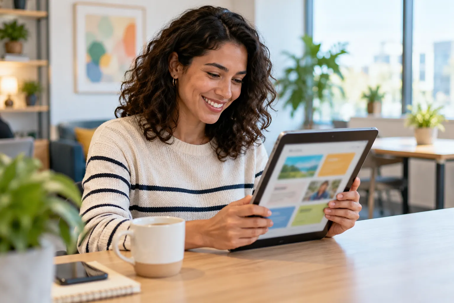 A smiling woman reads a colorful layout on a tablet at a desk beside a coffee mug.