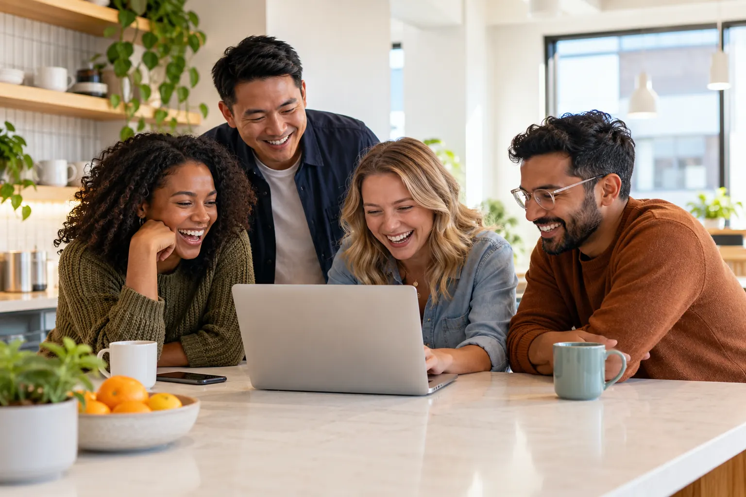 Four coworkers lean over a laptop at an office kitchen counter, laughing at something on the screen.