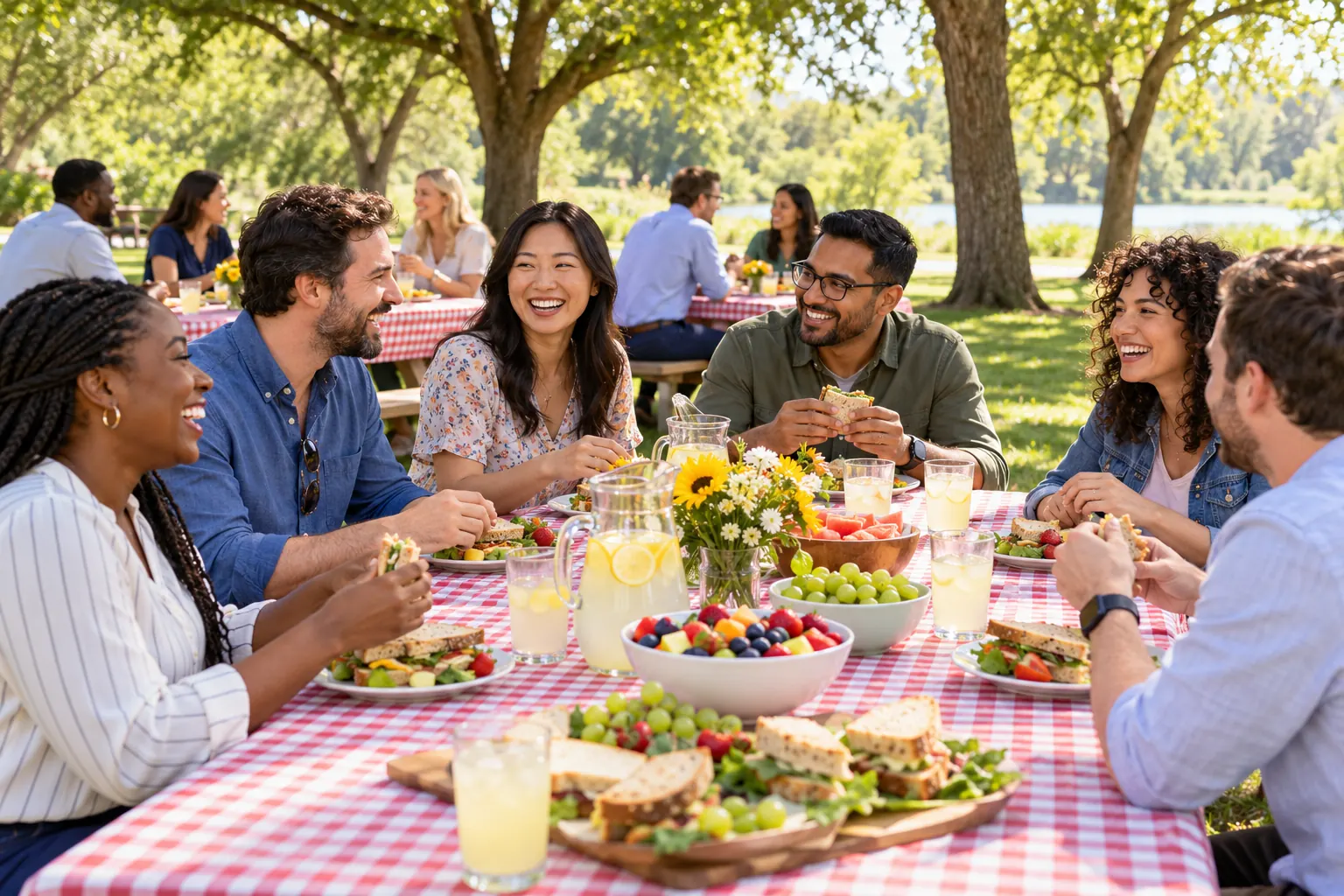 Coworkers chat and laugh at long picnic tables with checkered cloths under shade trees in a park.
