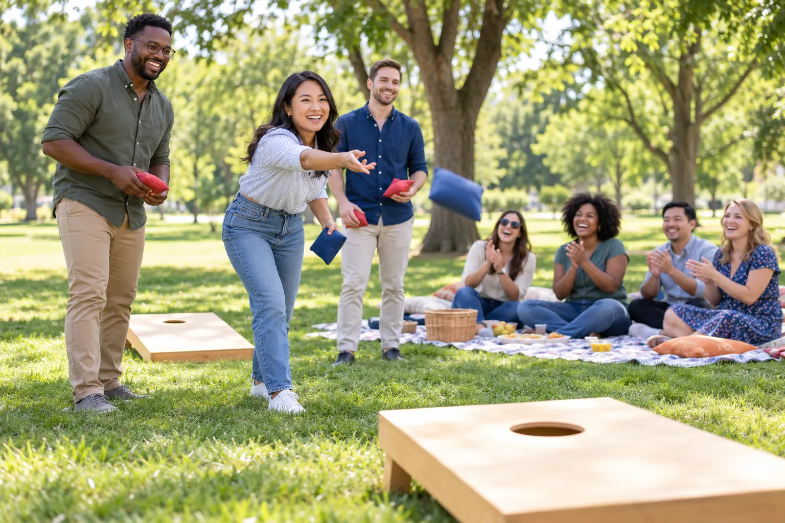 Coworkers play bean bag toss in a park while others cheer from picnic blankets.