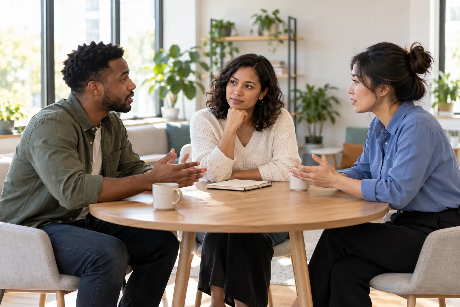 Two coworkers talk calmly and seriously at a small table while a third colleague listens between them.