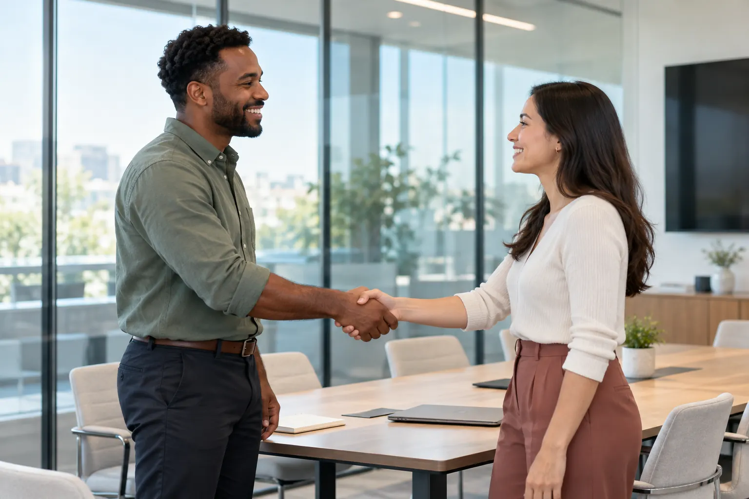 Two colleagues shake hands with relieved smiles after a meeting in a glass-walled room.