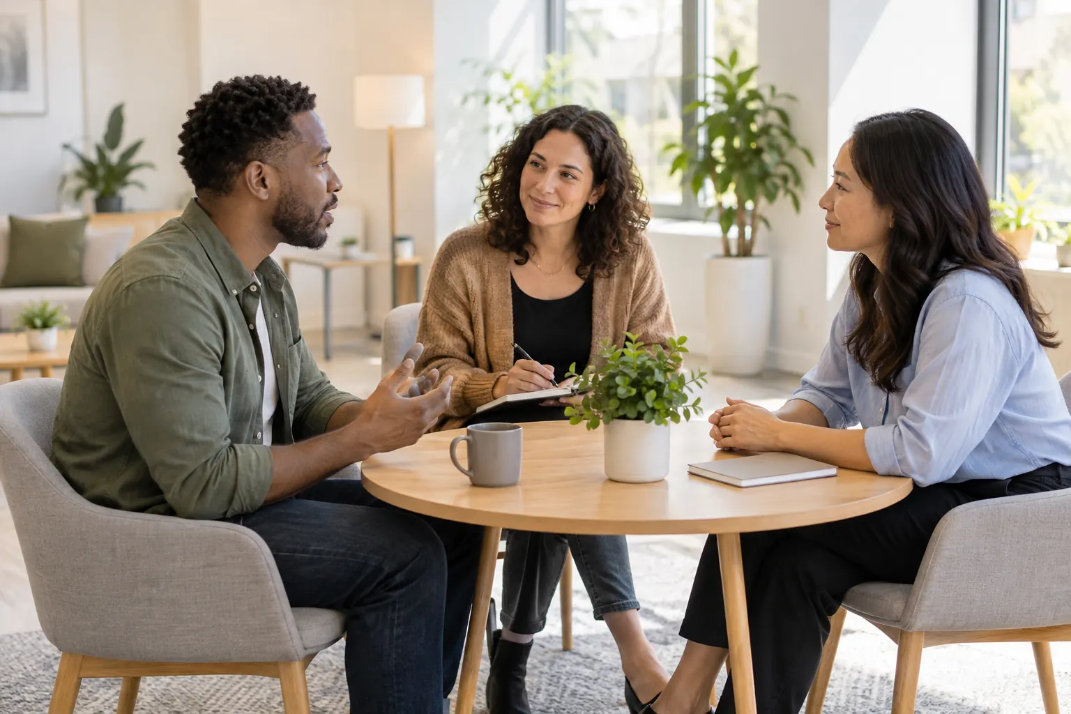Two coworkers talk calmly at a small round table while a facilitator listens and takes notes.