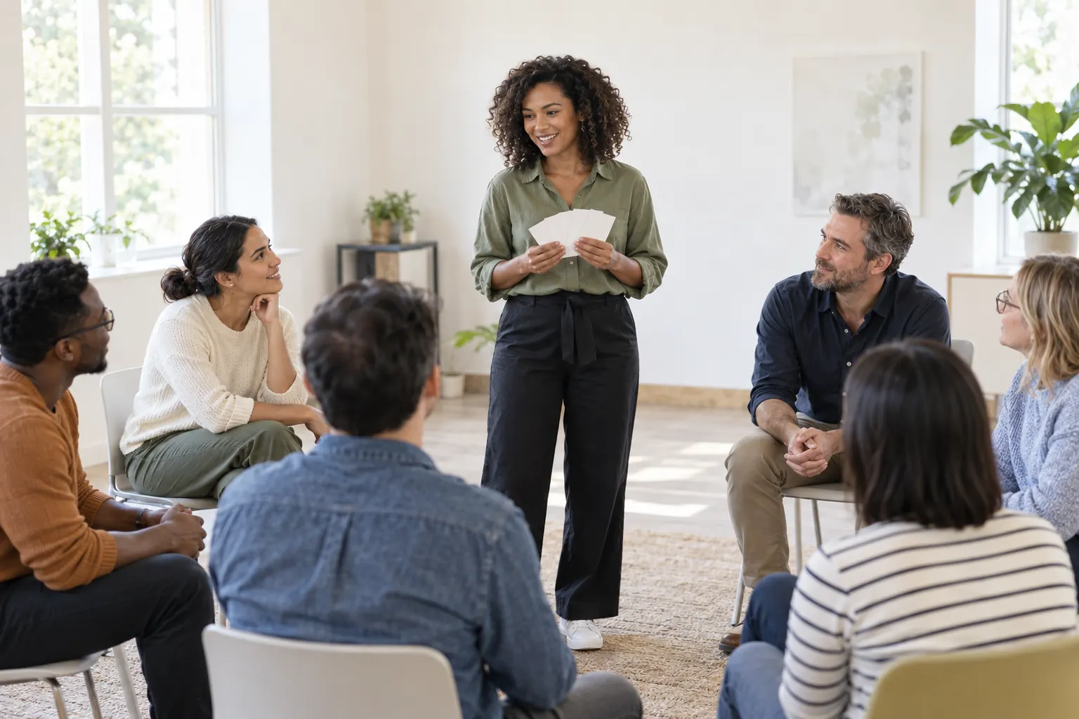 A facilitator holding a few blank cards stands in a circle of seated colleagues who listen.