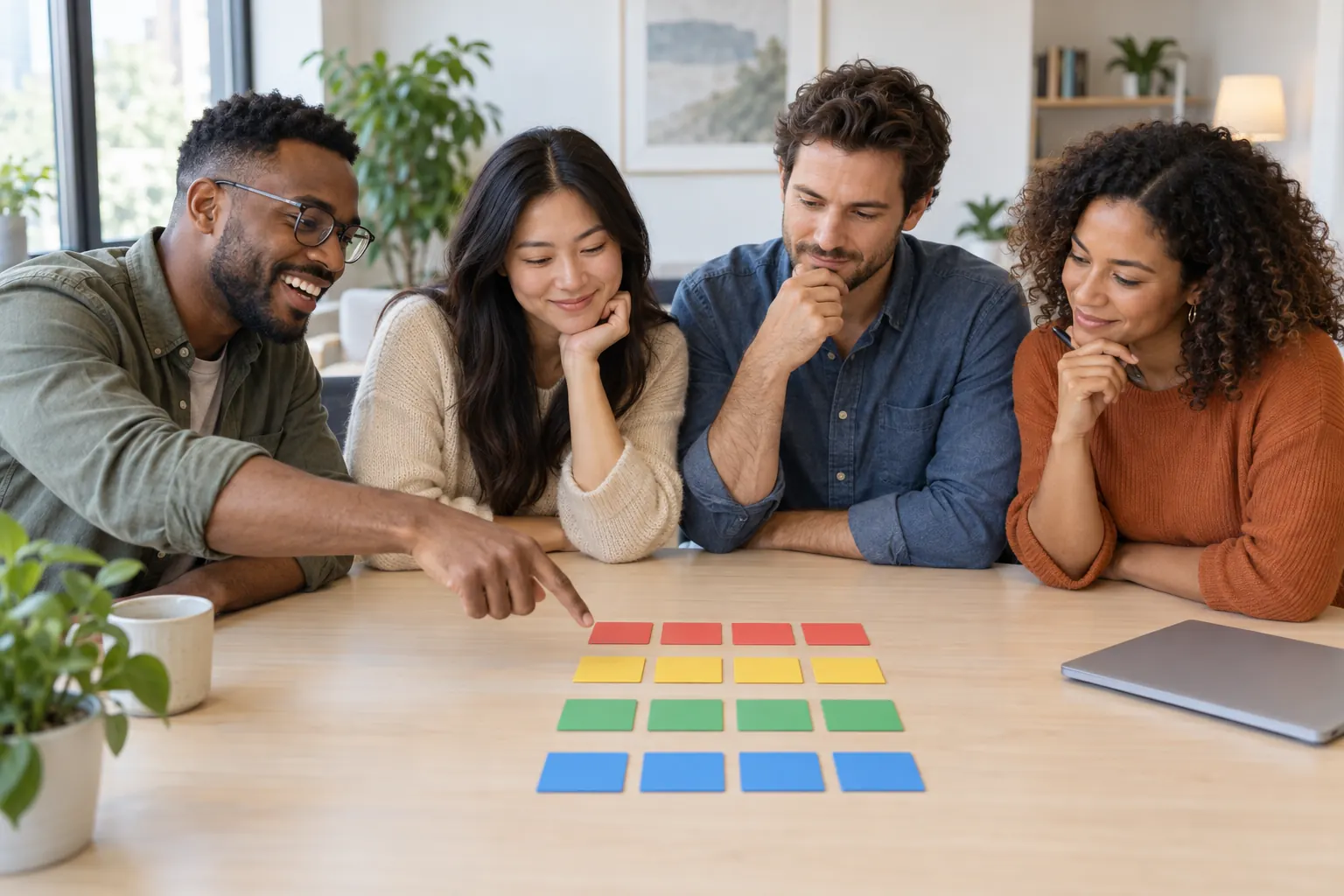 Four coworkers at a table sort colored tiles into four rows while one points at the top row.