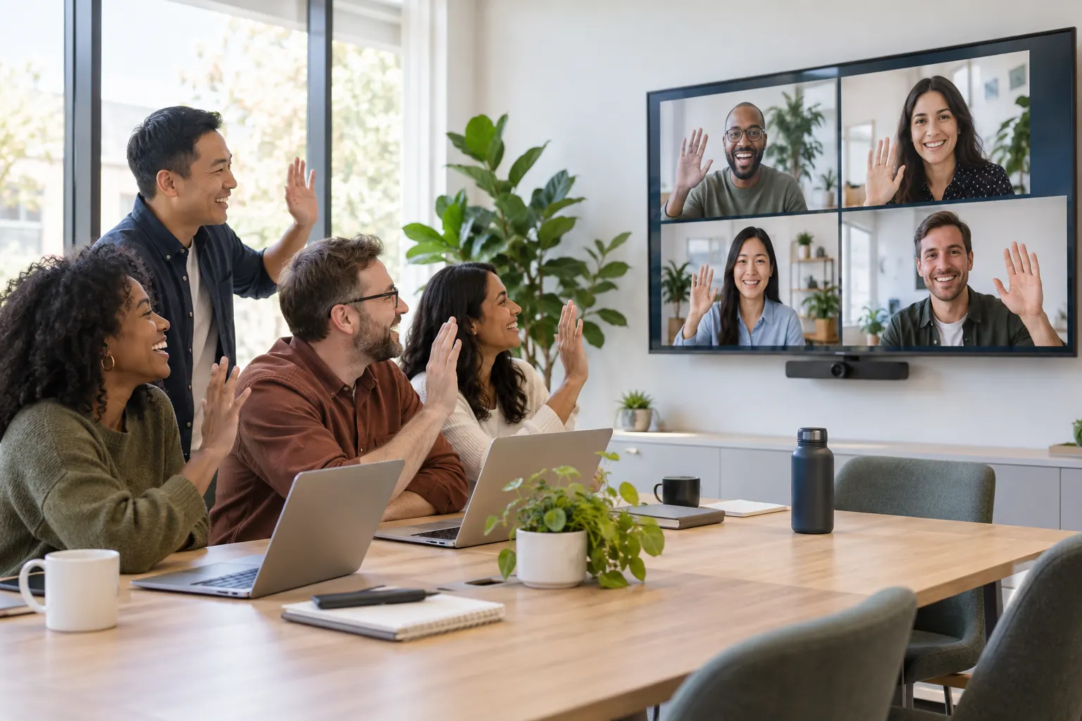 Coworkers in a meeting room wave and laugh at four remote colleagues on a large video screen.