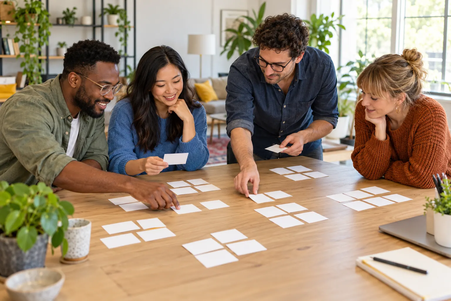 Four coworkers smile as they sort blank cards into small groups on a wooden table in a bright room.