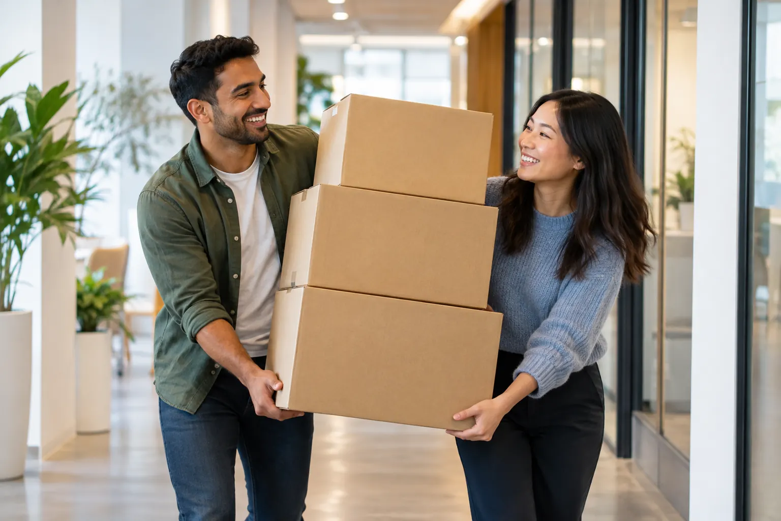 Two smiling colleagues carry a stack of three cardboard boxes together down a bright office hallway.