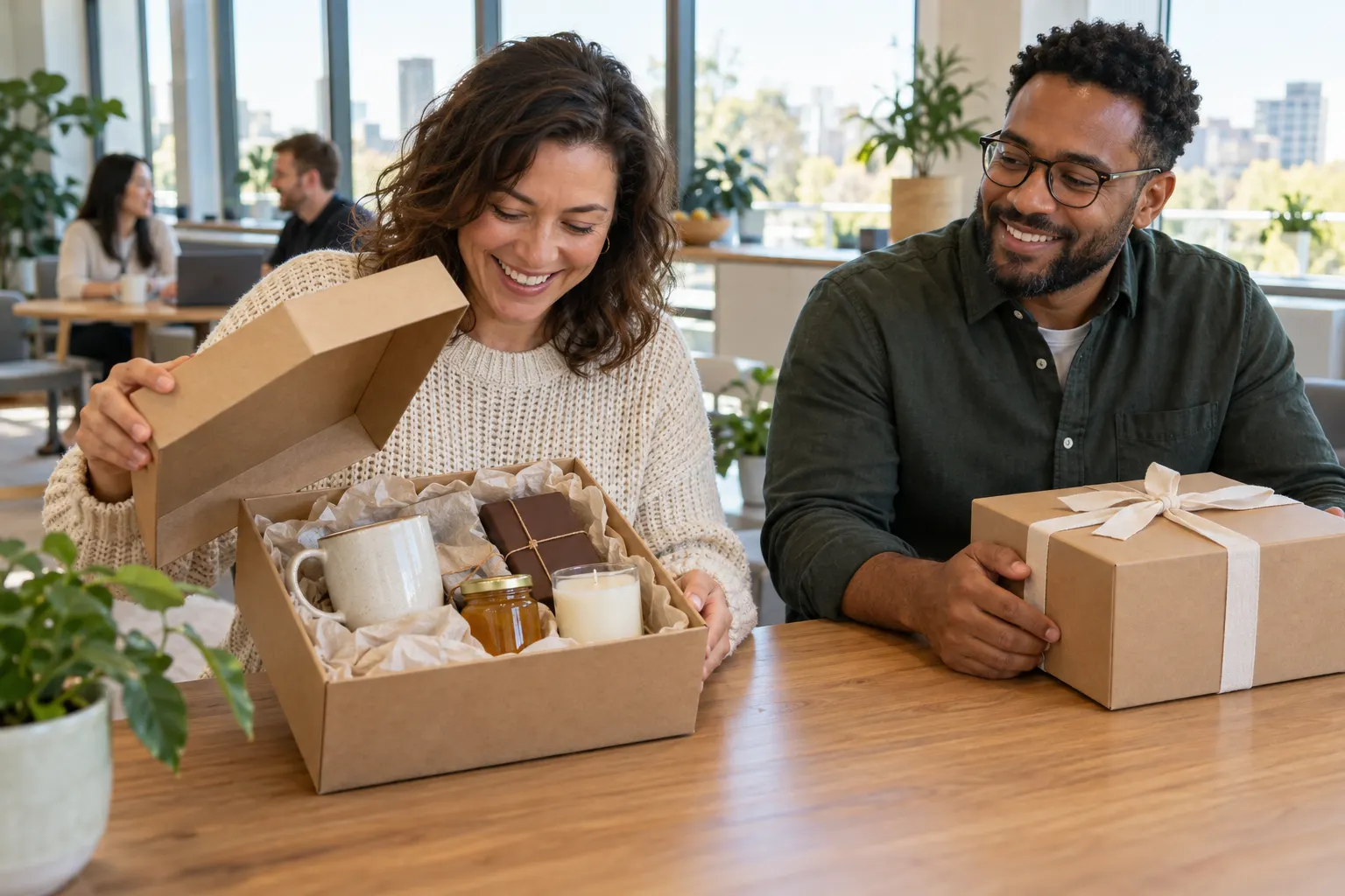 Two coworkers at a sunny office table, one opening a kraft gift box with a mug, honey, a candle and chocolate, the other holding a ribboned box