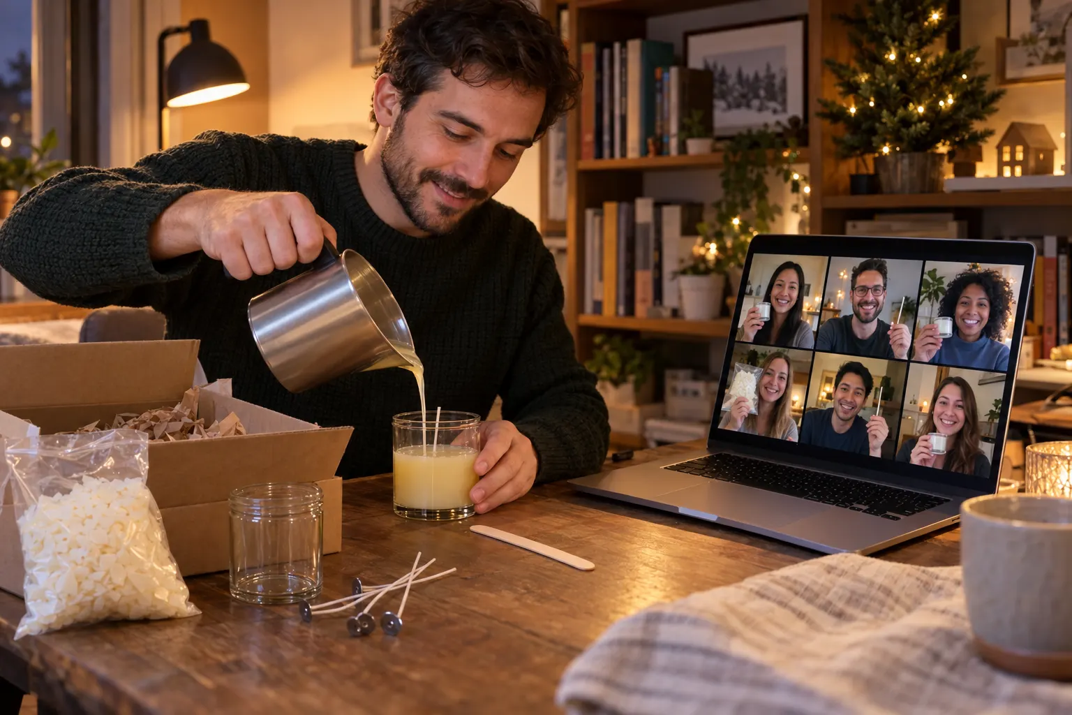 A remote employee pours wax into a jar from a candle-making kit while coworkers hold up their own candles on a laptop video call
