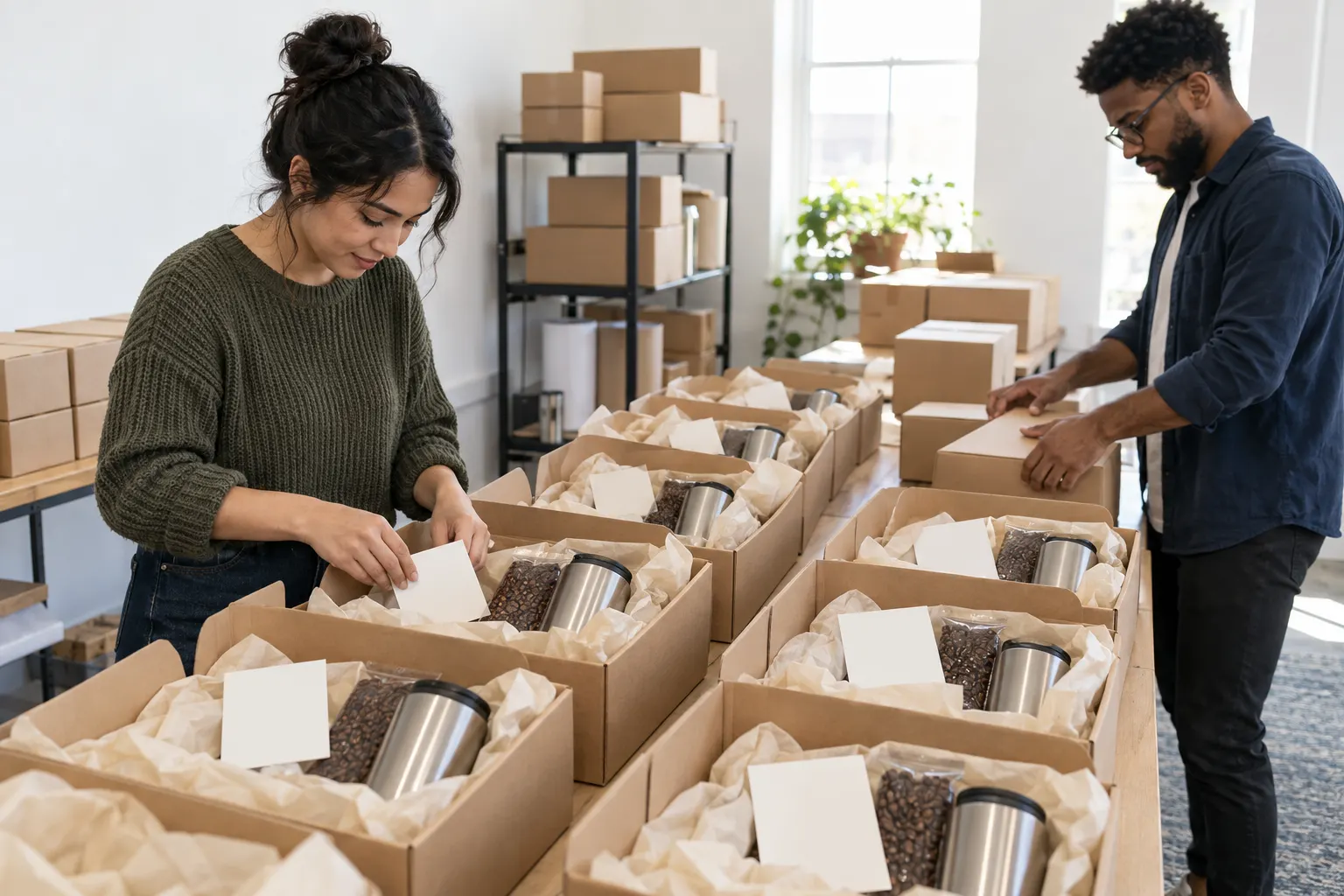 Two employees pack rows of plain gift boxes with steel tumblers, coffee beans and blank cards on a long office table