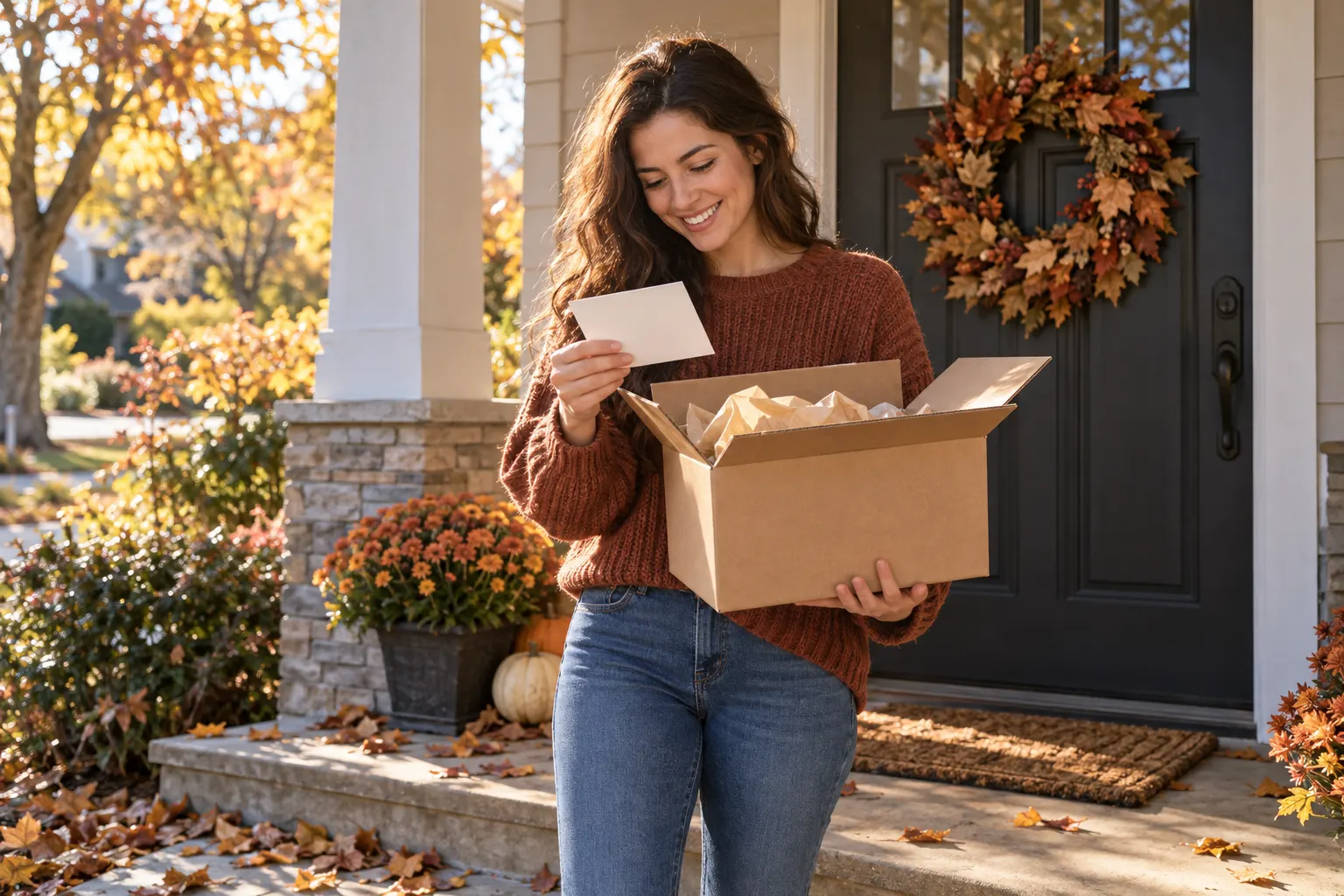 A woman on her front steps in autumn smiles at the card from a gift box that was just delivered