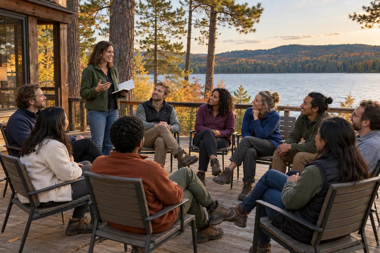 A team sits in a circle of chairs on a lodge deck by a lake in autumn, listening as one coworker speaks