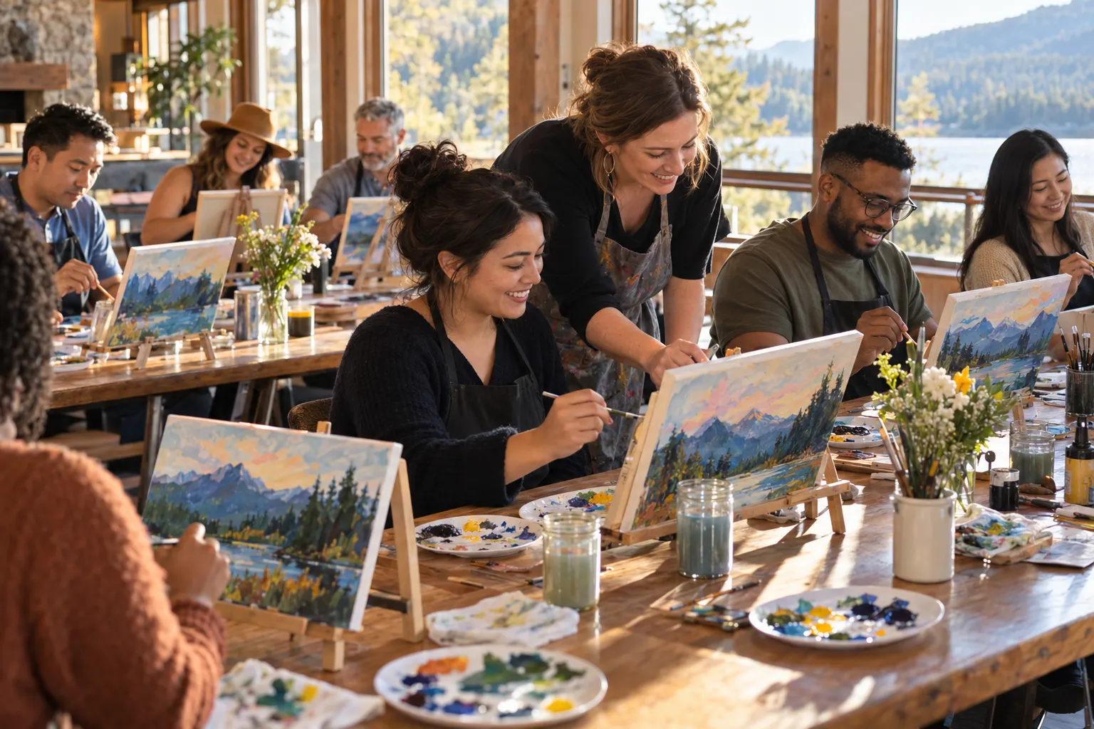 Coworkers paint mountain lake landscapes on small canvases at long wooden tables while an instructor helps one of them