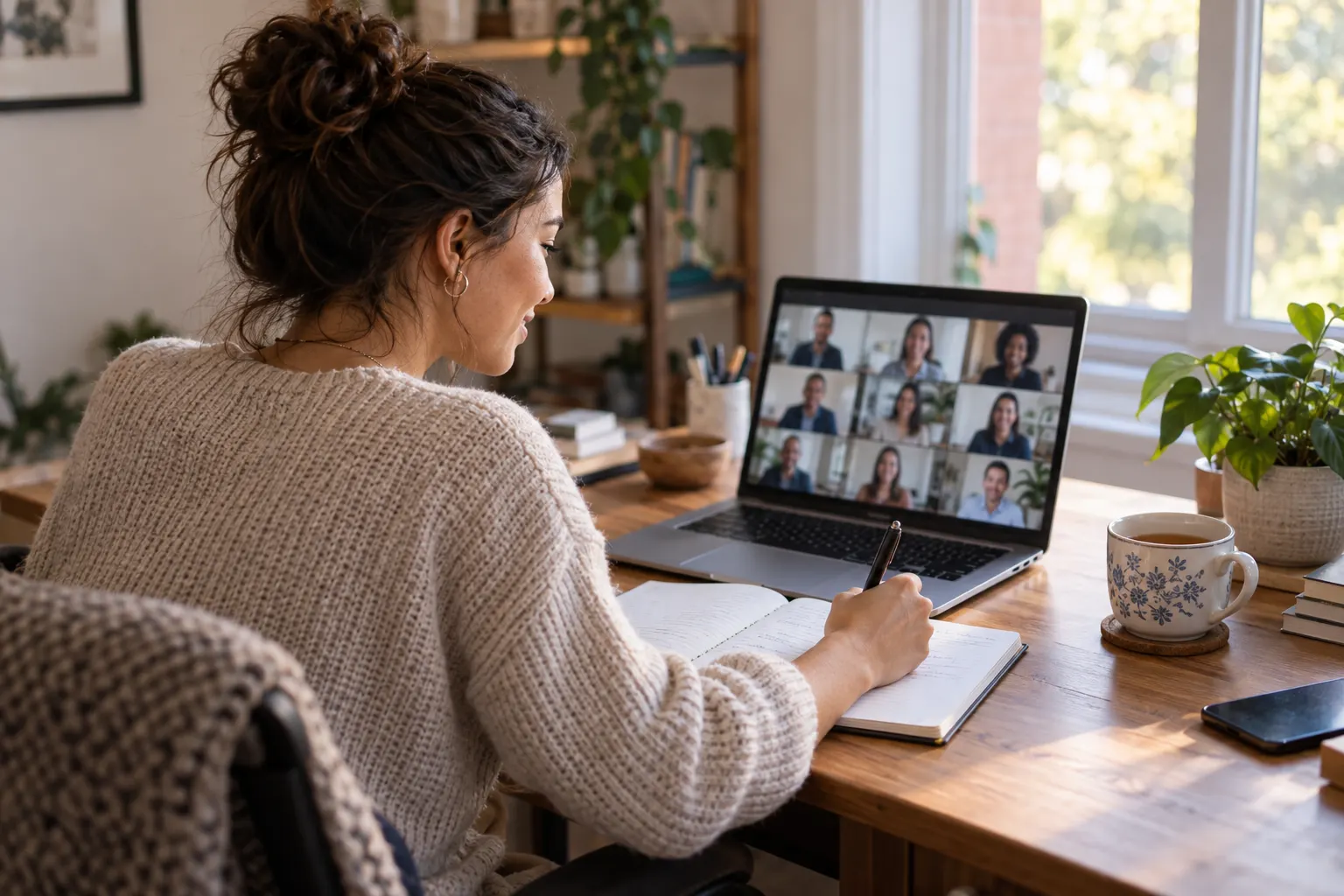 A woman takes notes in a notebook at her home desk while a grid of colleagues shows on her laptop call
