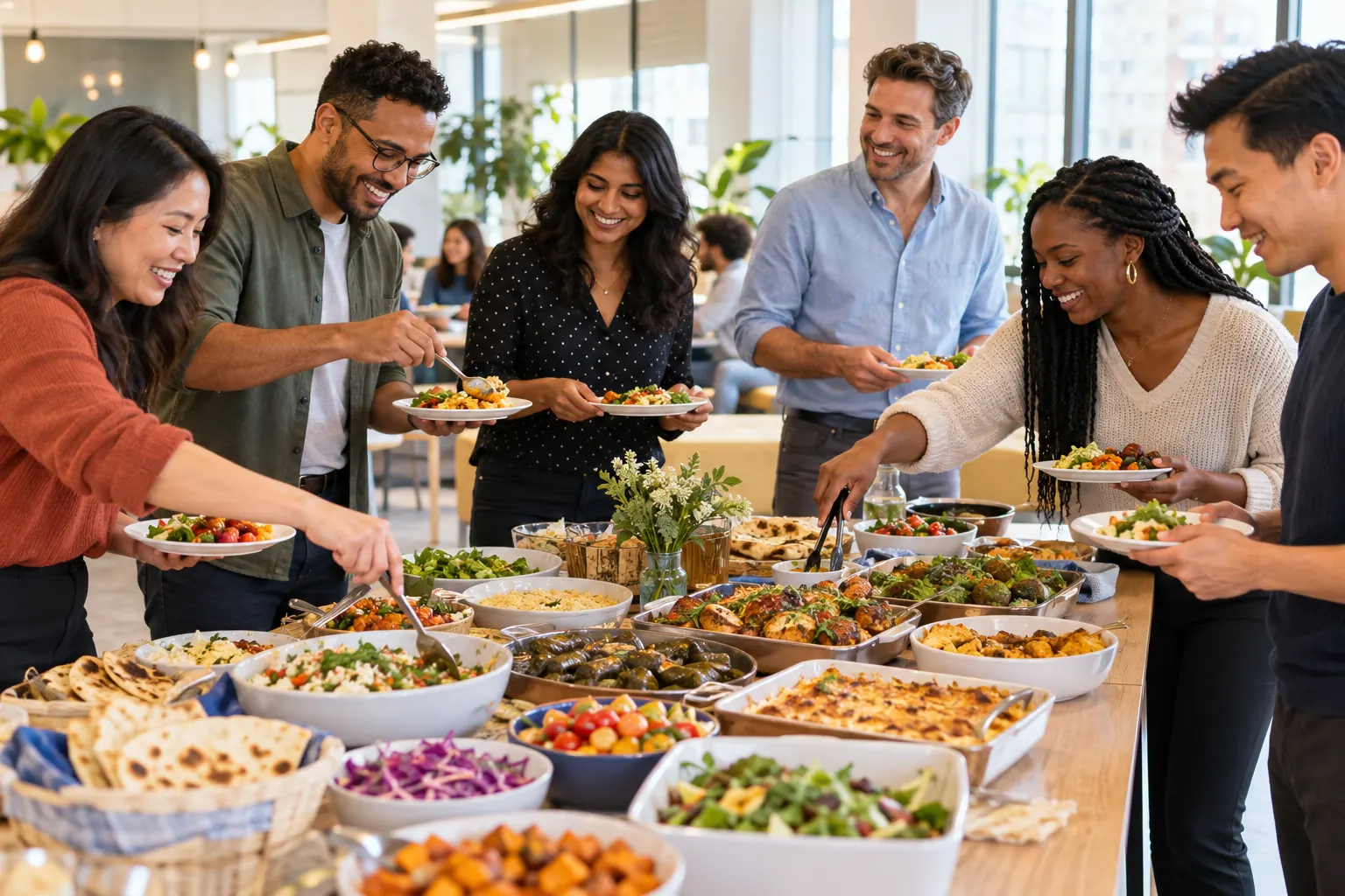 Coworkers smile as they fill plates from a long office table of dishes from many cuisines.
