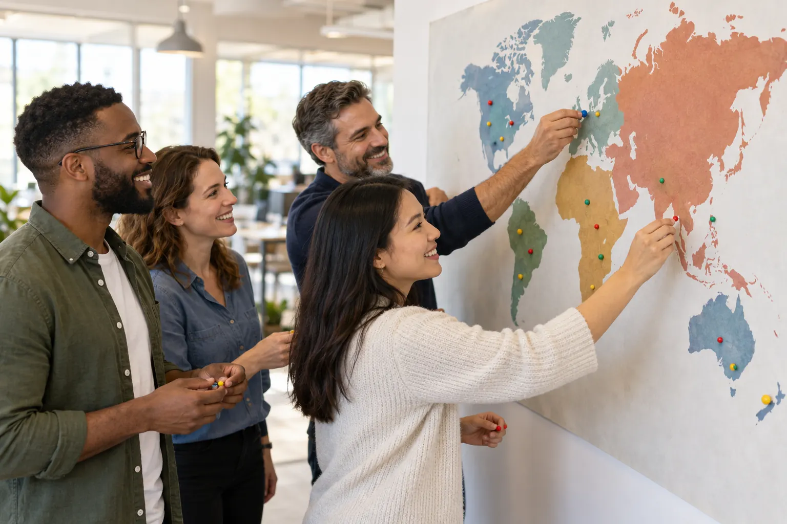 Colleagues place small colored pins on a large world map on an office wall.