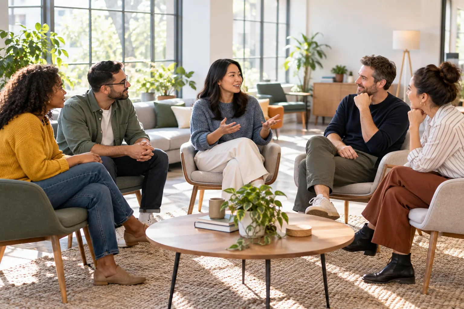 Five coworkers sit in a circle of armchairs in a sunlit office lounge while one woman speaks.
