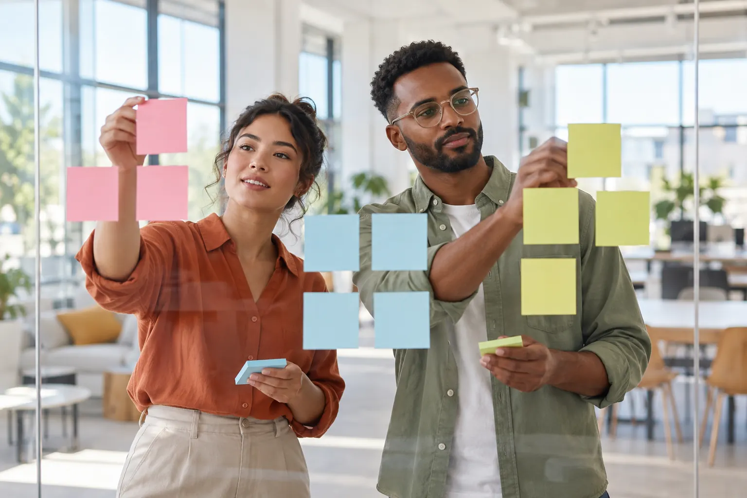 Two coworkers sort blank pink, blue and yellow sticky notes into groups on a glass office wall.
