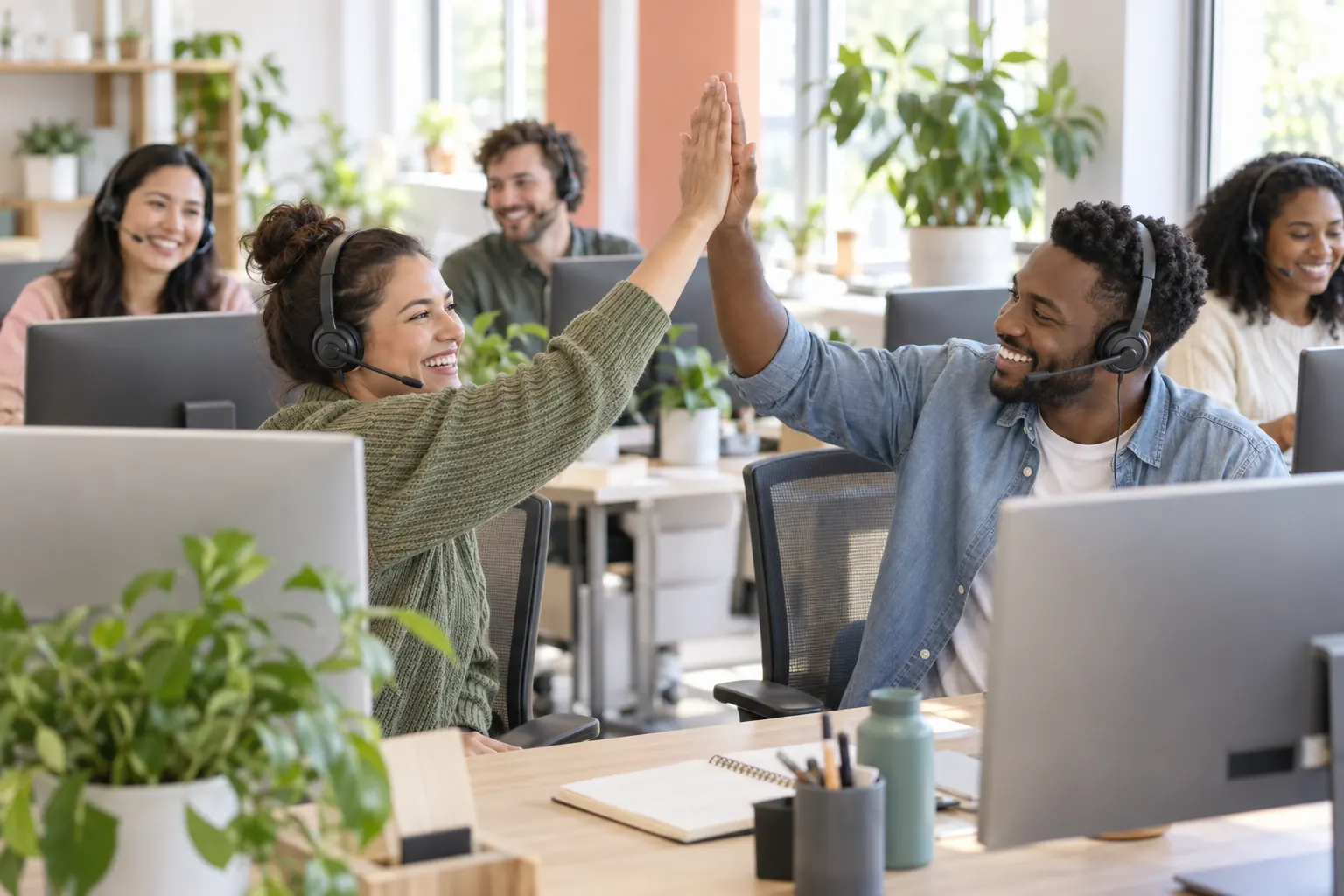 Two support reps wearing headsets high-five between their desks while smiling teammates work behind them.