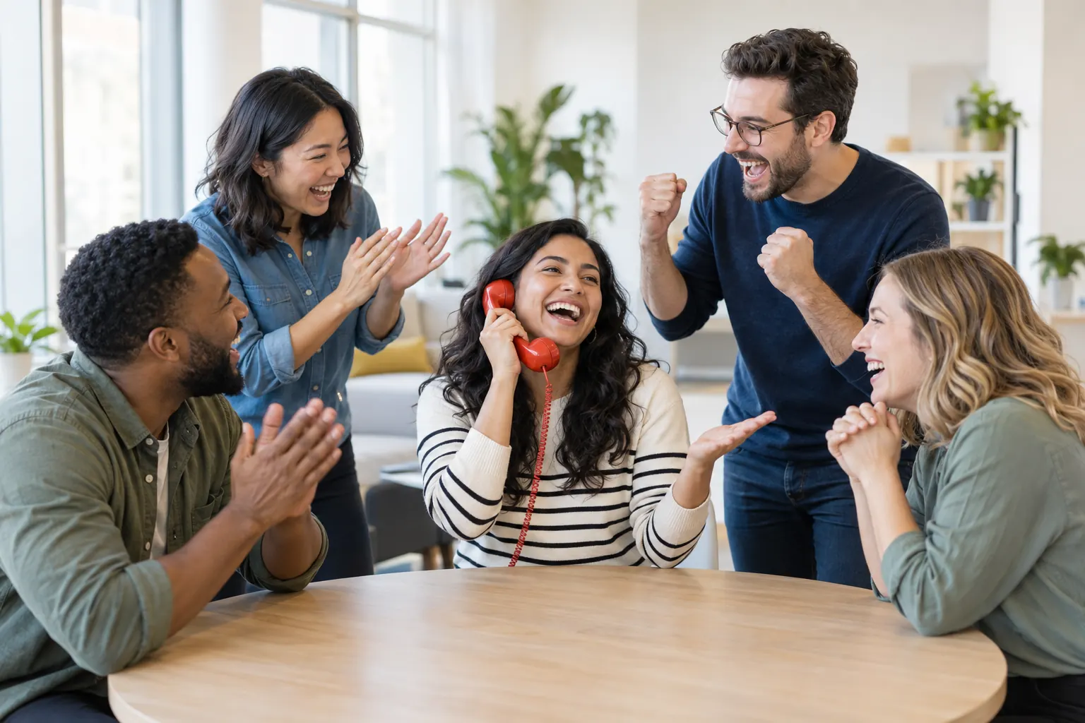 A laughing woman holds a red retro phone handset to her ear while four colleagues cheer around a table.