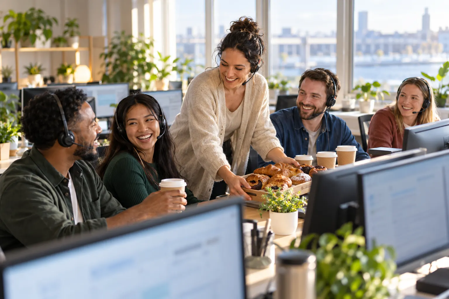 A team lead sets a tray of pastries and coffee on a support team's desks while agents in headsets smile