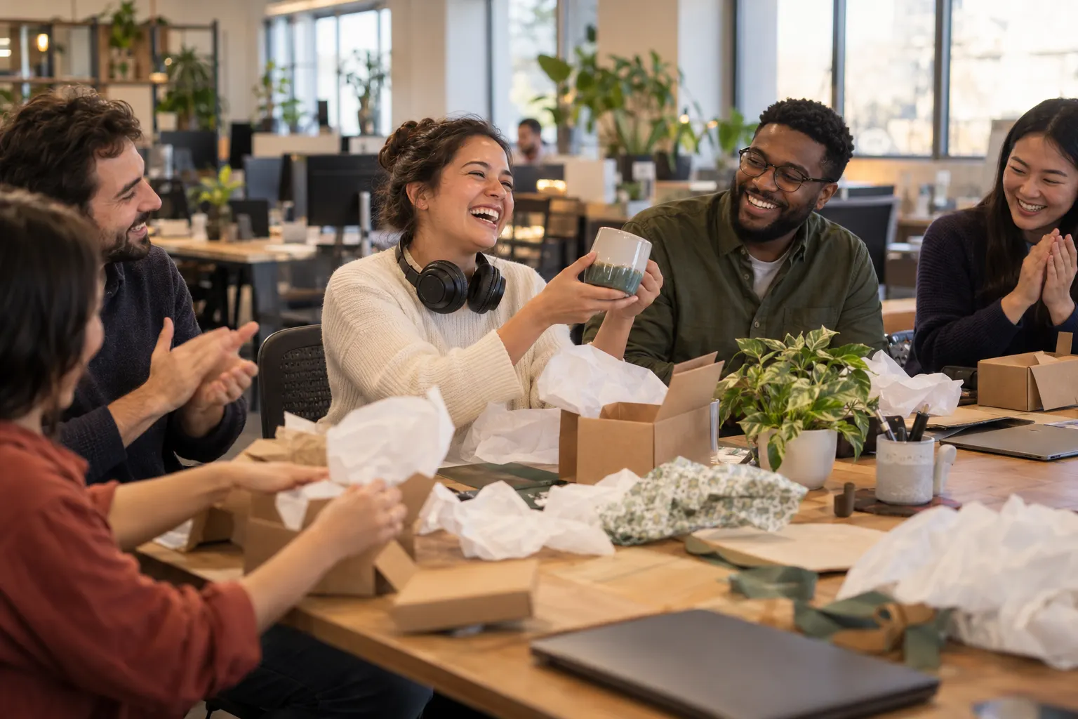 A laughing coworker with headphones around her neck holds up a mug she unwrapped as teammates clap