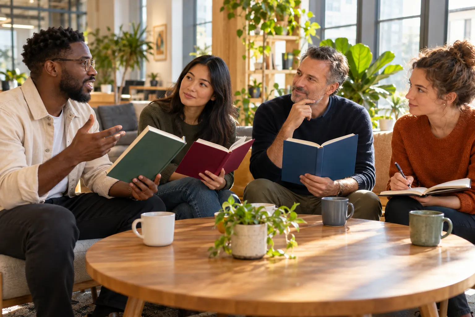 Four coworkers sit around a low table with books and coffee, one talking while the others listen and one takes notes.