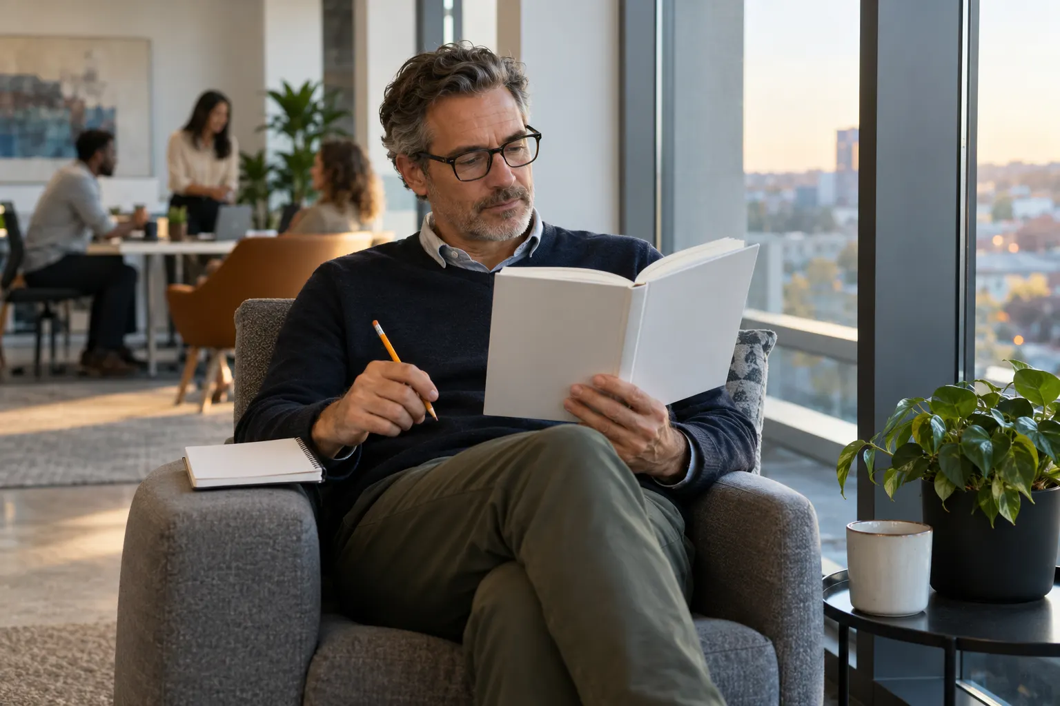 A man reads a book with a pencil in hand in an armchair by an office window while coworkers talk behind him.