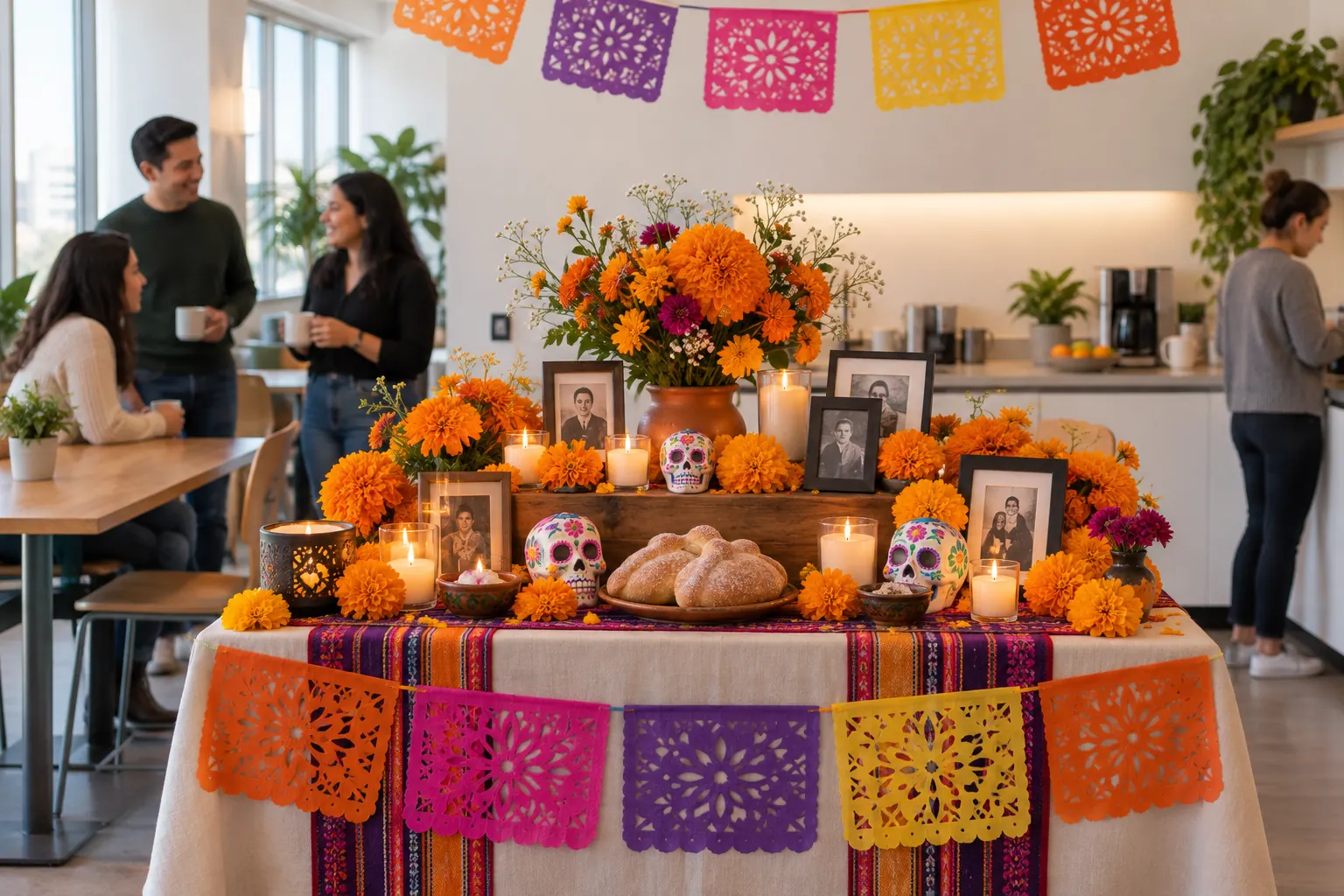 An ofrenda in an office break area with marigolds, candles, framed photos, pan de muerto, sugar skulls and papel picado.