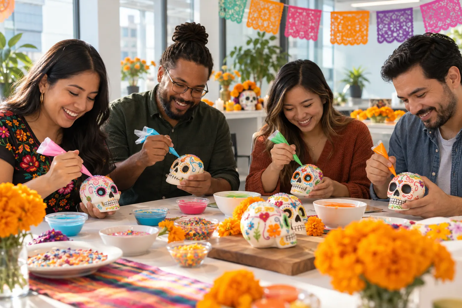 Four coworkers decorating sugar skulls with colored icing at a table set with marigolds and sprinkles.