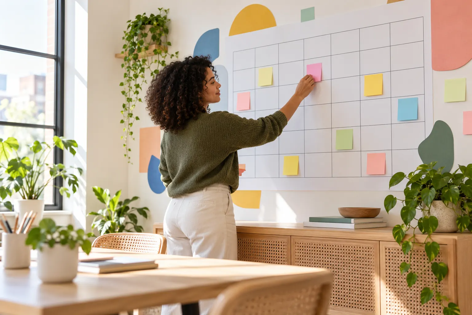 A coworker sticks a pink note onto a large wall calendar grid framed by colorful paper shapes.