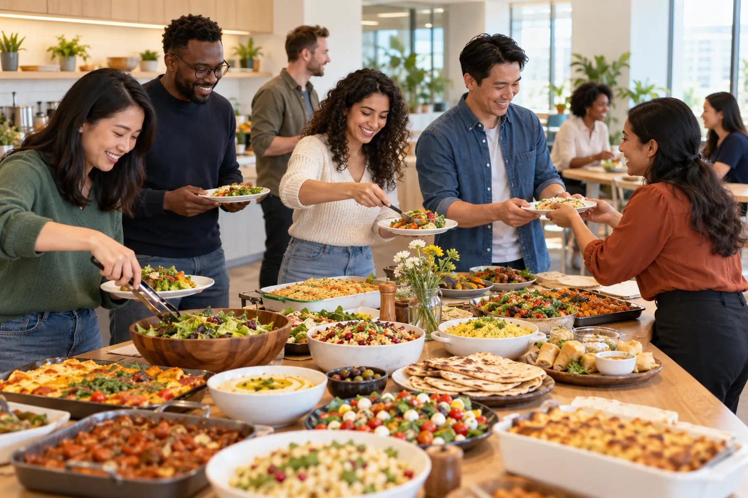 Coworkers serve each other at an office kitchen table set with dishes from many cuisines.