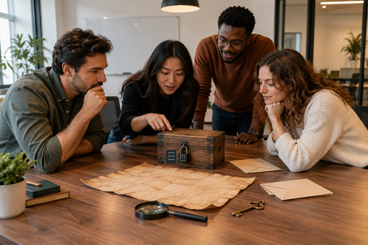 Four coworkers study a padlocked wooden lockbox on a conference table beside an old map, envelopes and a key.