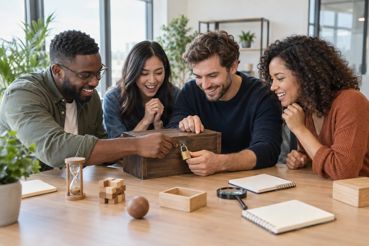 Smiling coworkers open the padlock on a wooden box at an office table set with puzzles and notebooks.
