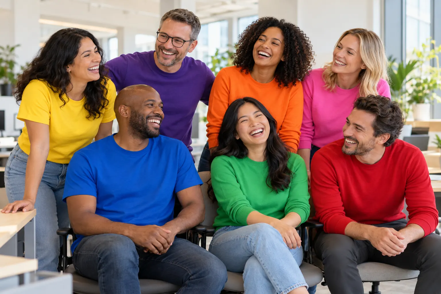 Seven coworkers in solid tops, each a different bright color, laugh together on Rainbow Team Day.