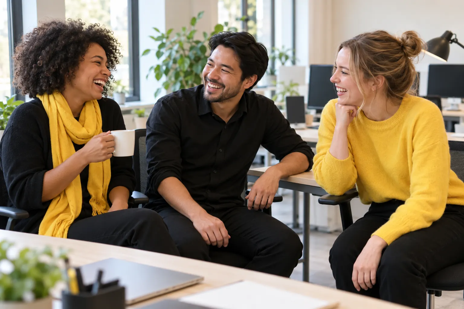 Three coworkers dressed only in black and yellow laugh together at their desks on a Two Colors Only Day.