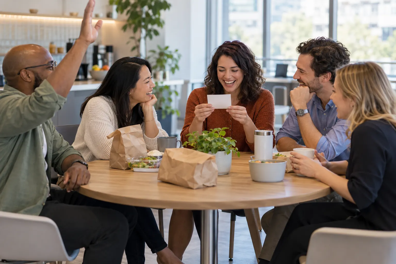 Coworkers at a break room lunch table laugh as one reads a trivia card and another raises his hand.