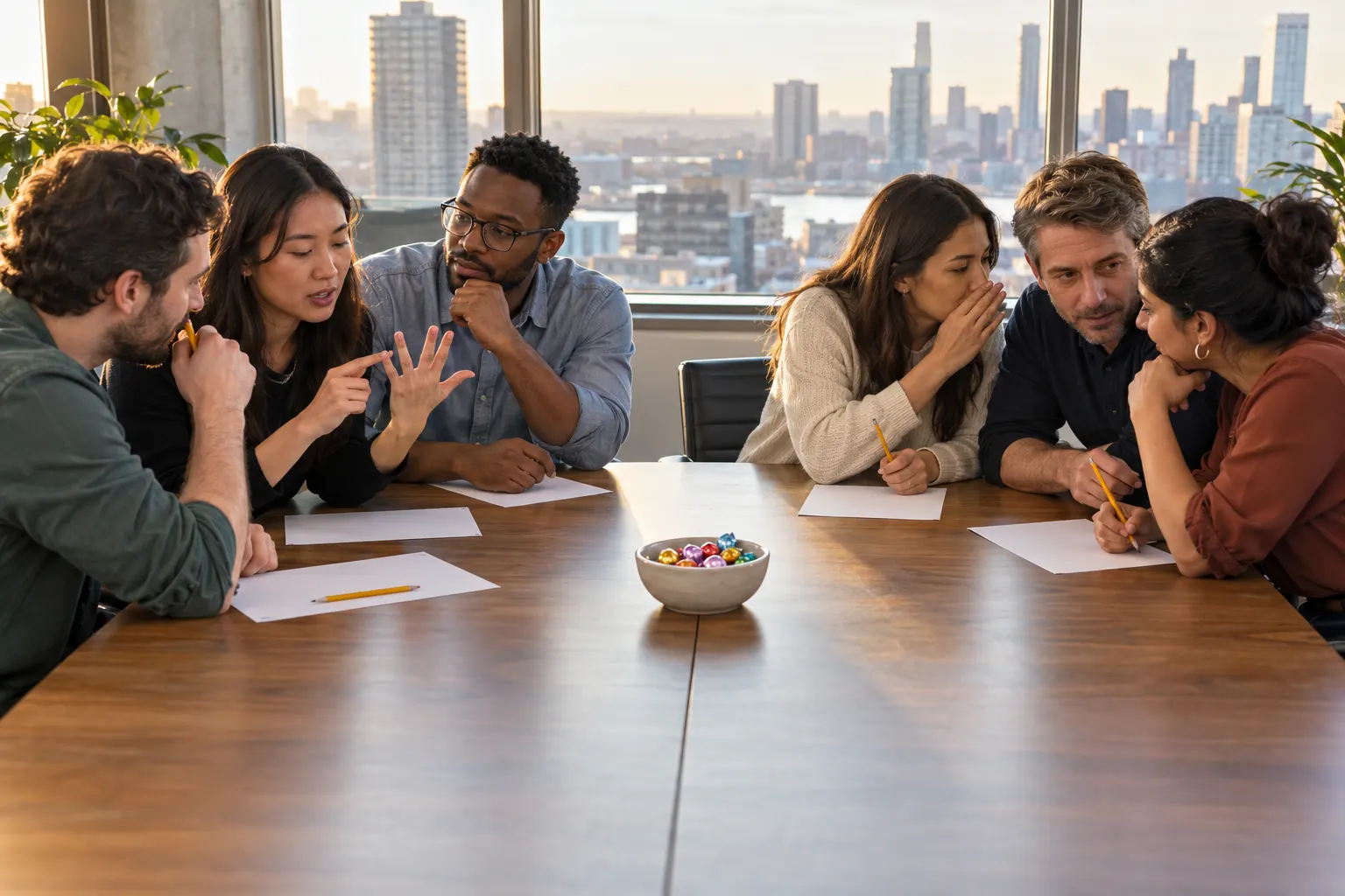 Two small teams huddle at a conference table, whispering over answer sheets during an office quiz.