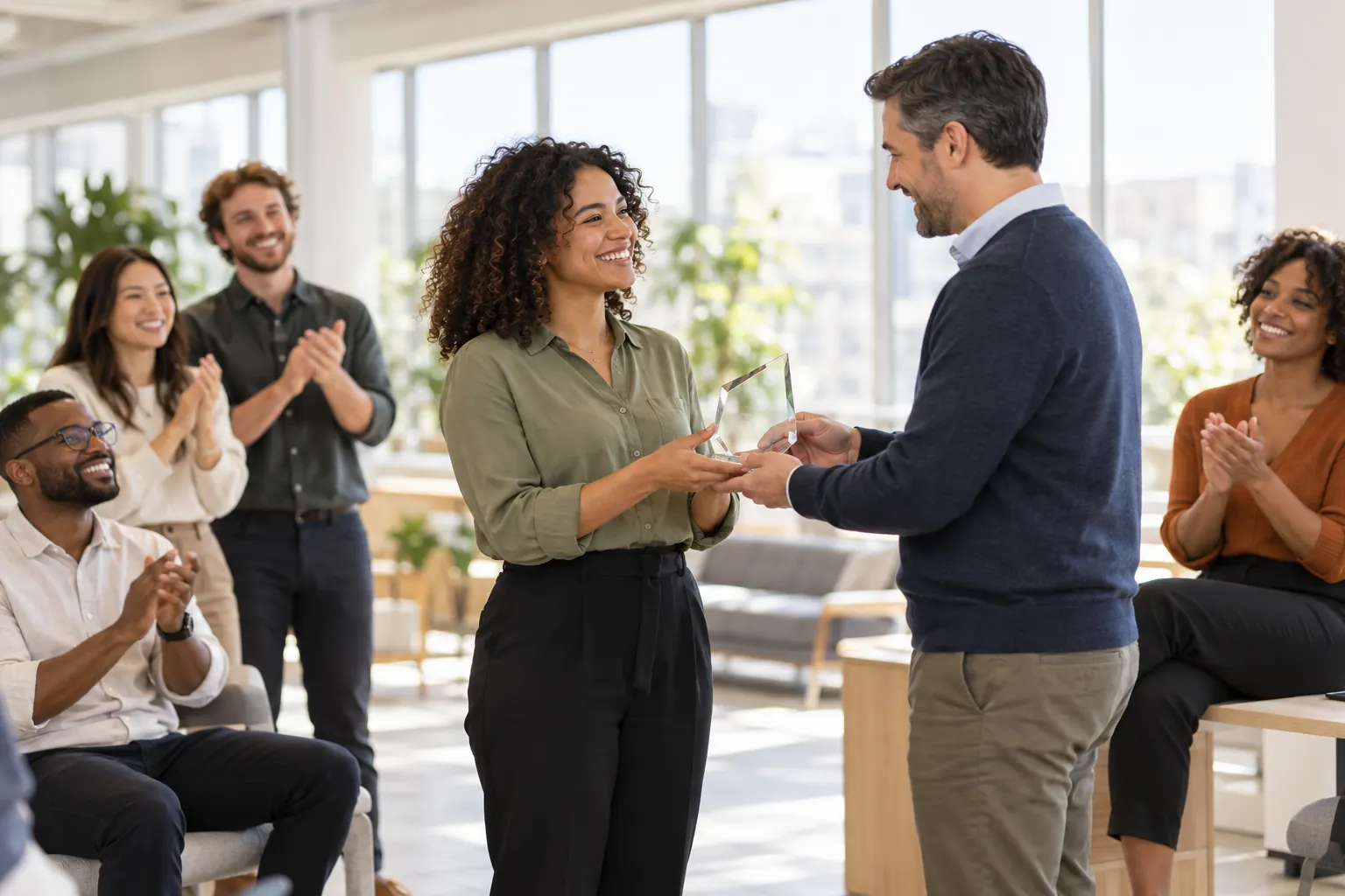 A smiling employee accepts a simple glass award from a manager while coworkers applaud in a bright office.