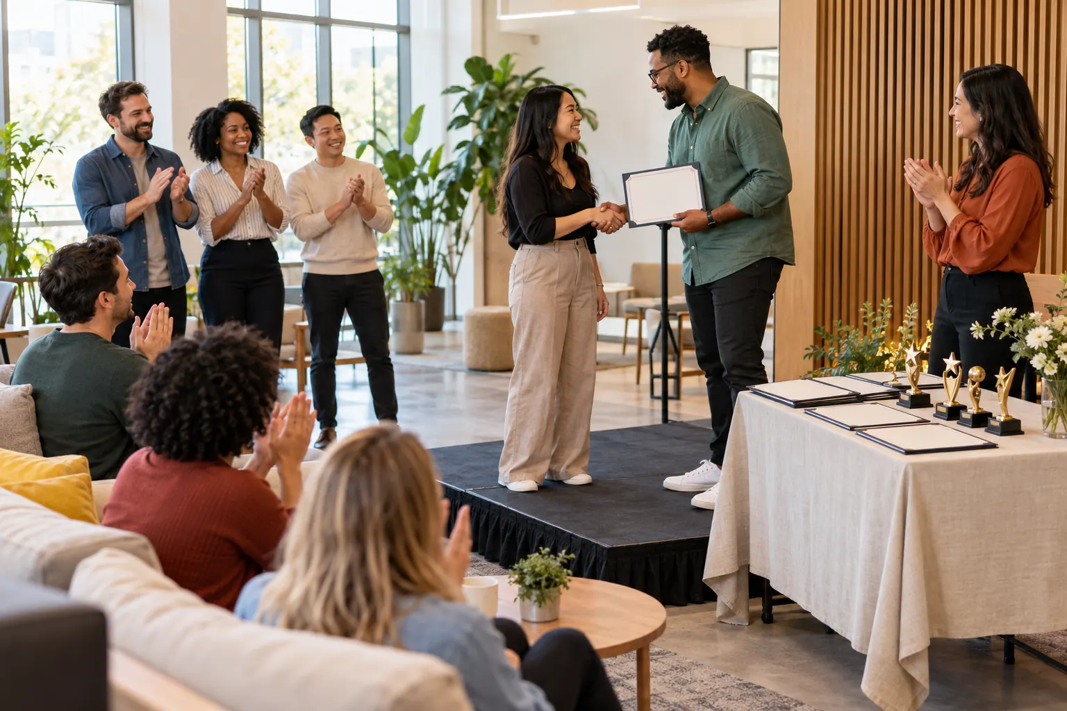 An employee accepts a certificate on a small stage as coworkers applaud beside a table of trophies.