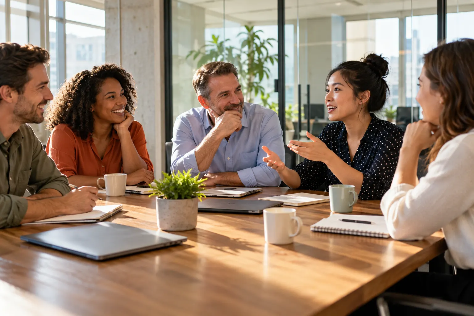 Five coworkers around a sunlit conference table, smiling as one woman speaks and an older colleague listens, chin in hand.