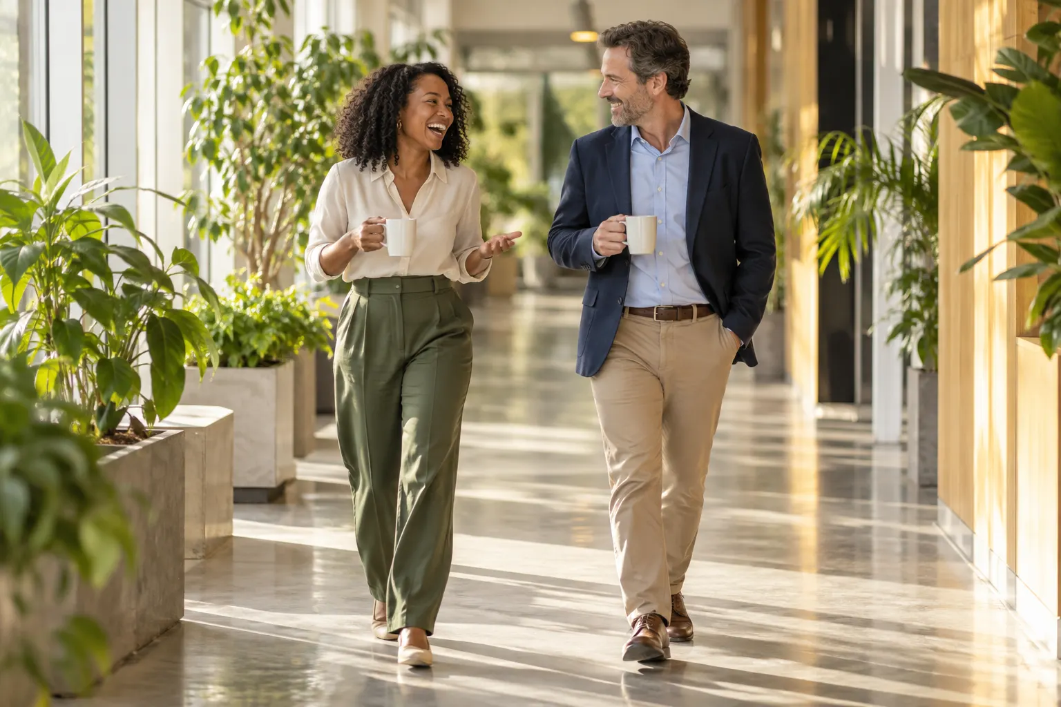 A manager and an employee laughing during a walking one-on-one in a sunny, plant-lined office hallway, coffee cups in hand.