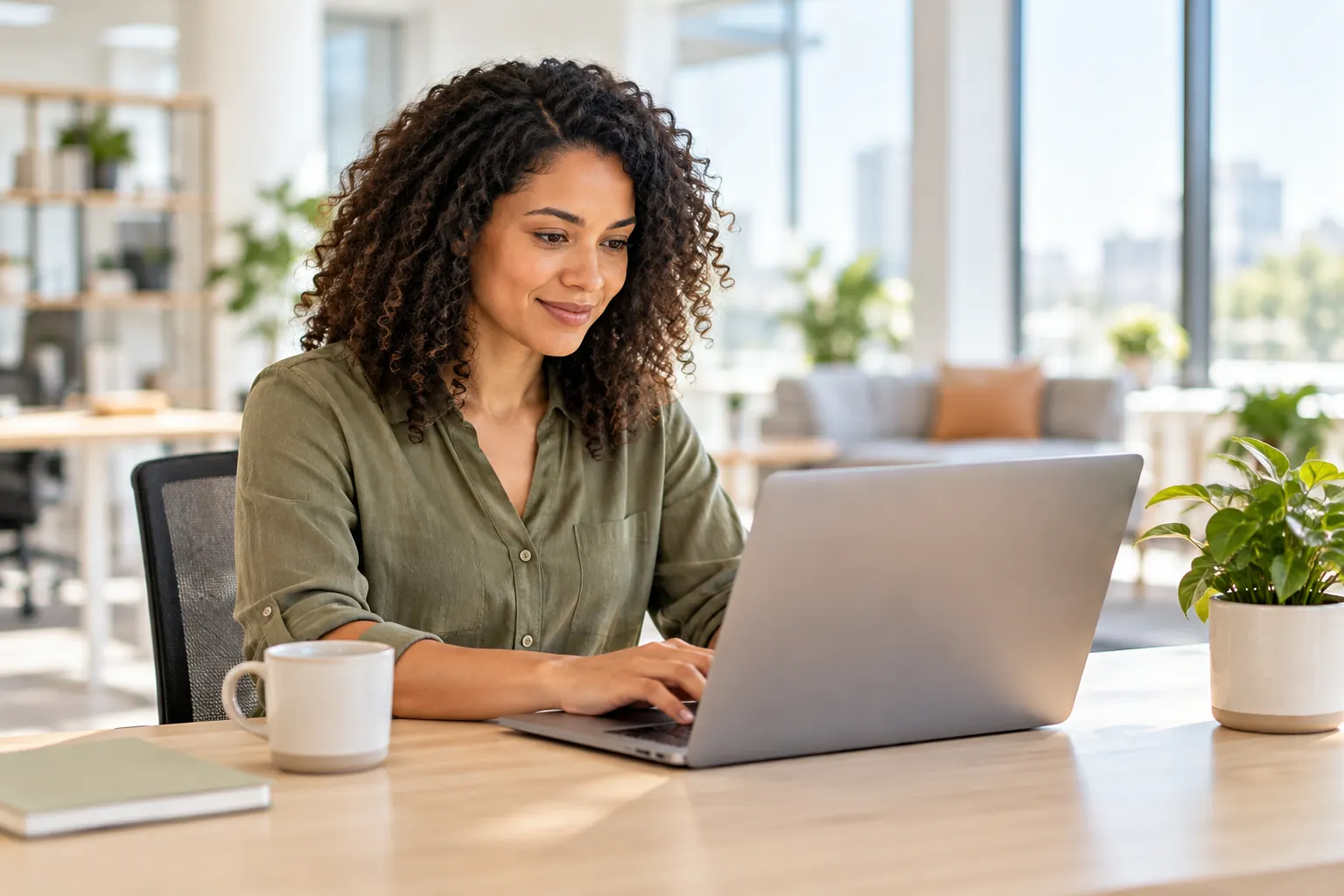 A woman at a bright desk answers a survey on her laptop, with a mug and a potted plant nearby.