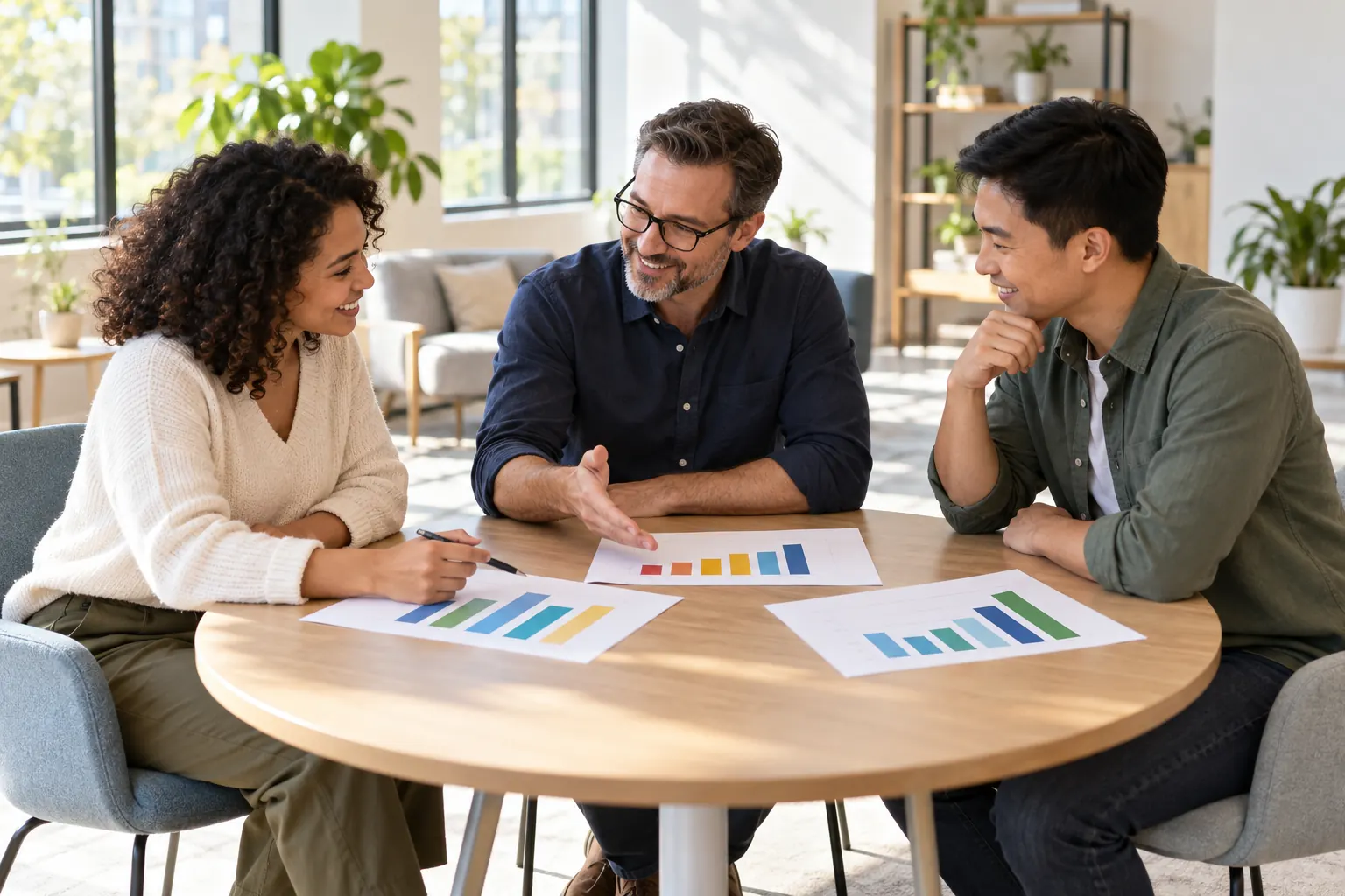 A manager and two employees at a round table talk over printed bar charts in a sunny office.