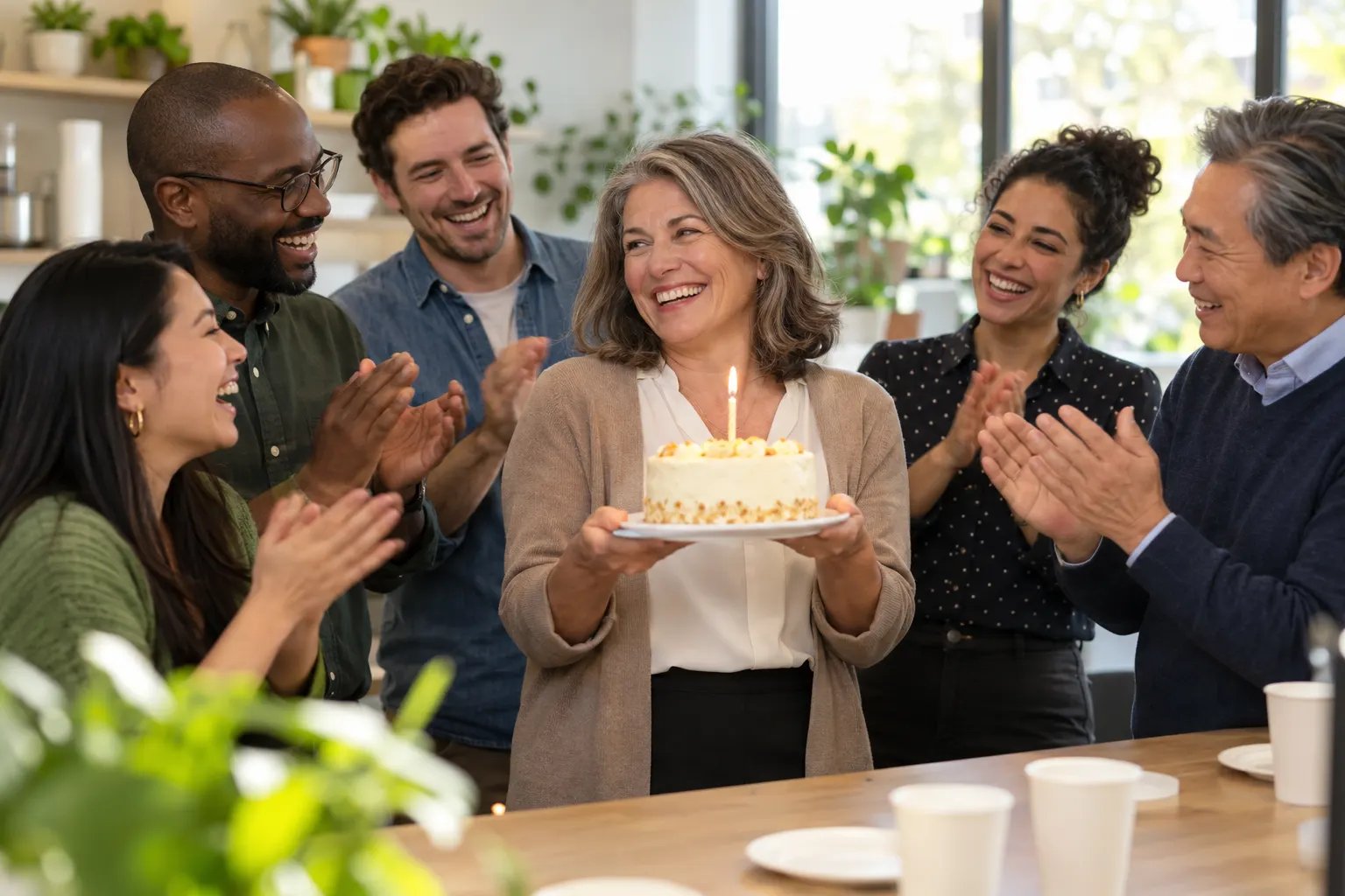 Teammates clap and laugh around a longtime colleague holding a small cake with one lit candle in an office break room