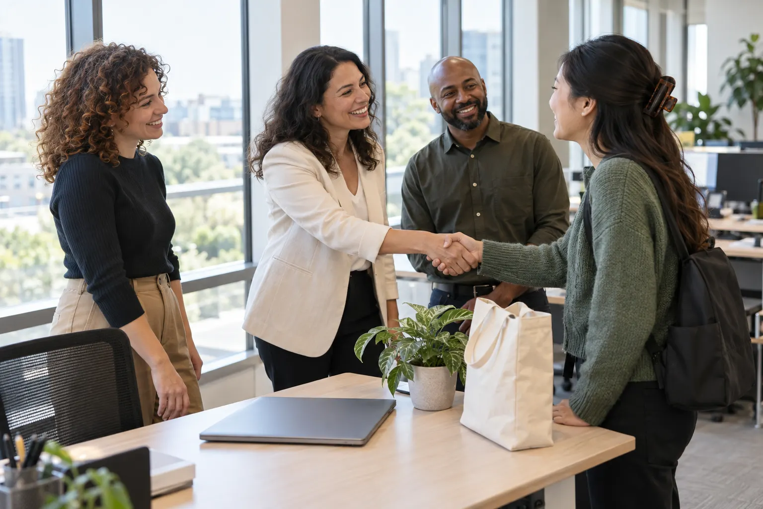 A team lead shakes hands with a new hire at a desk while two teammates smile and a welcome tote sits on the desk